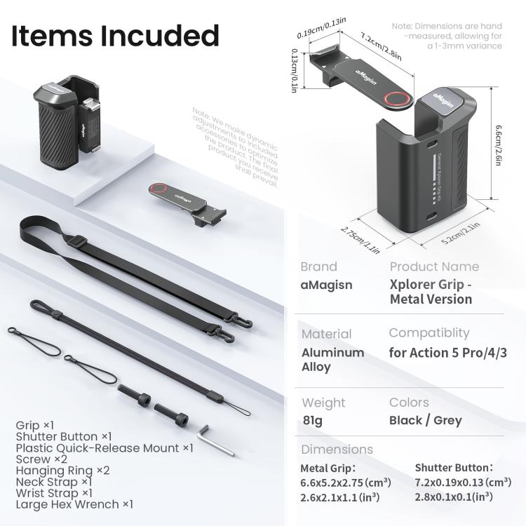Impugnatura aMaginsn per fotografia di strada per DJI Action 5 Pro/Action 4/Action 3, compatibile con la gabbia originale della fotocamera., Plastic Version, Metal Black, Metal Gray