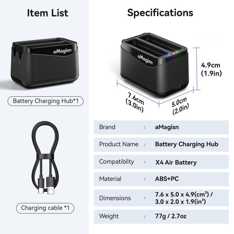 Base di ricarica rapida a doppia batteria per Insta360 X4 Air AMagisn, per 2 batterie contemporaneamente, con indicatore LED.