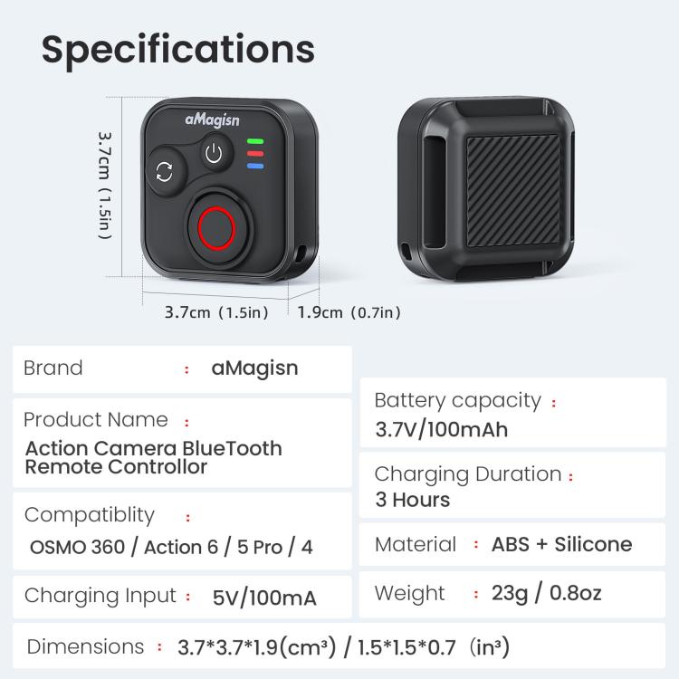 Telecomando Bluetooth aMaginsn per scatto remoto per DJI Osmo Action 6/Action 5 Pro/Action 4/Osmo 360, AA28