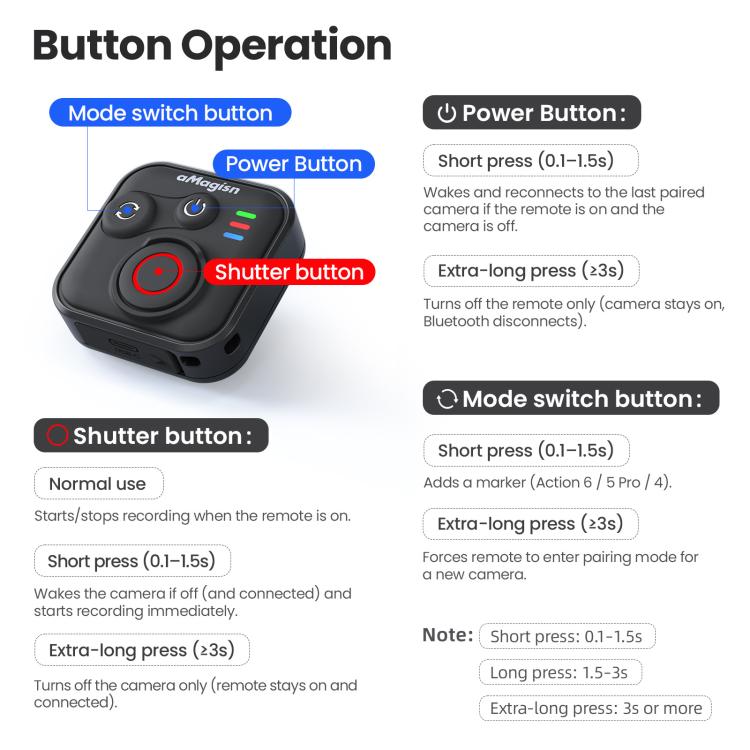 Telecomando Bluetooth aMaginsn per scatto remoto per DJI Osmo Action 6/Action 5 Pro/Action 4/Osmo 360, AA28