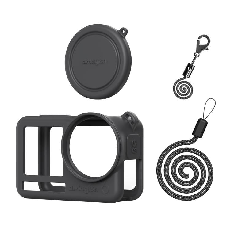 Custodia in silicone aMagins per DJI Osmo Action 6 con copriobiettivo e protezione antigraffio.