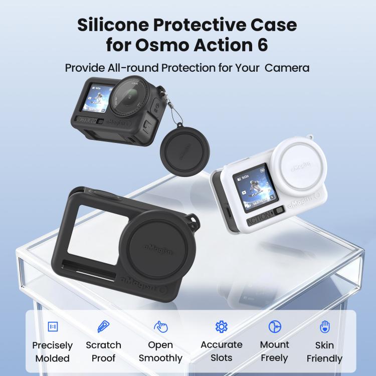 Custodia in silicone aMagins per DJI Osmo Action 6 con copriobiettivo e protezione antigraffio.