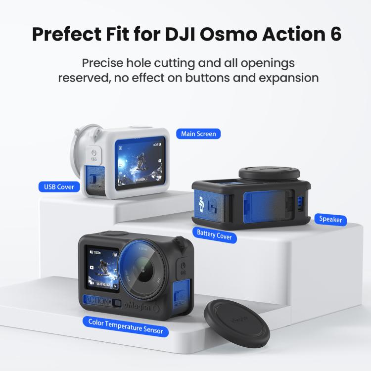 Custodia in silicone aMagins per DJI Osmo Action 6 con copriobiettivo e protezione antigraffio.