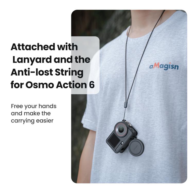 Custodia in silicone aMagins per DJI Osmo Action 6 con copriobiettivo e protezione antigraffio.