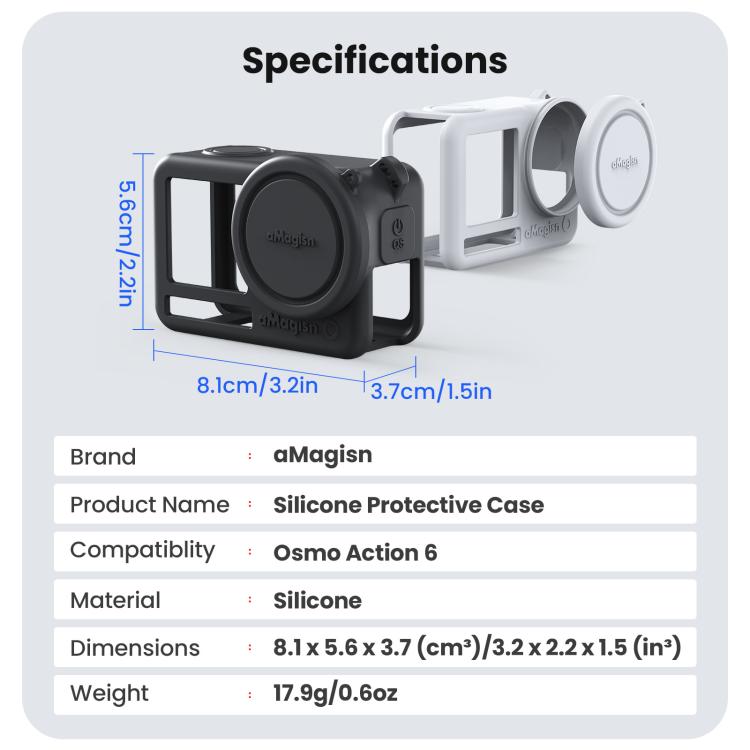 Custodia in silicone aMagins per DJI Osmo Action 6 con copriobiettivo e protezione antigraffio.