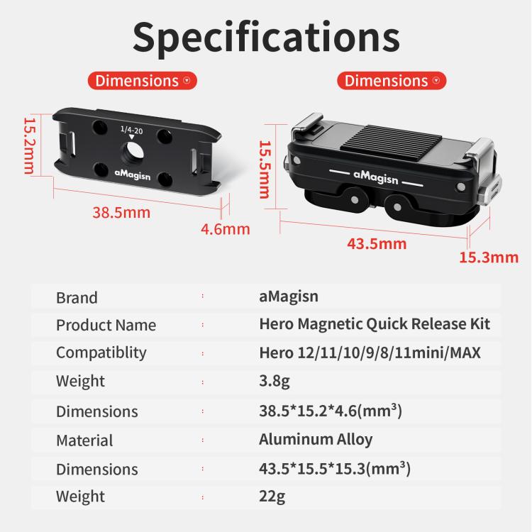 Kit di sgancio rapido magnetico in metallo aMagisn per GoPro HERO12 Black /11 Black /11 Black mini /10 Black /9 Black /8 Black / Max