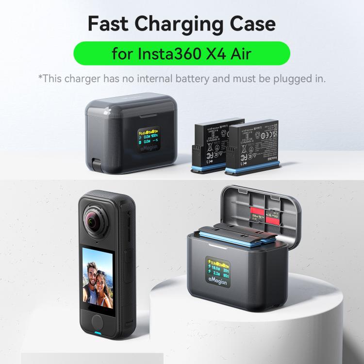 Custodia di ricarica rapida aMaginsn da 36 W per batteria Insta360 X4 Air con display a colori e cavo USB-C integrato., PM13