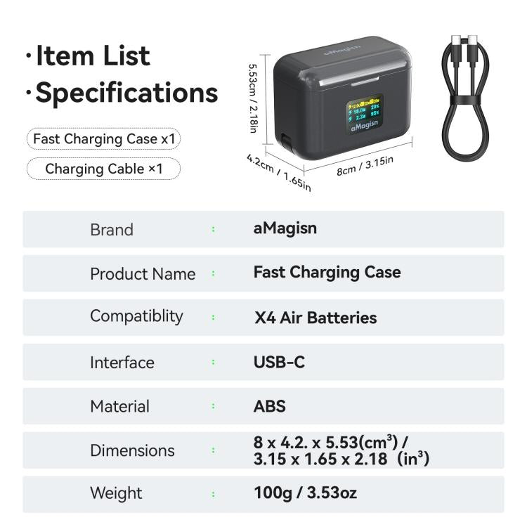 Custodia di ricarica rapida aMaginsn da 36 W per batteria Insta360 X4 Air con display a colori e cavo USB-C integrato., PM13
