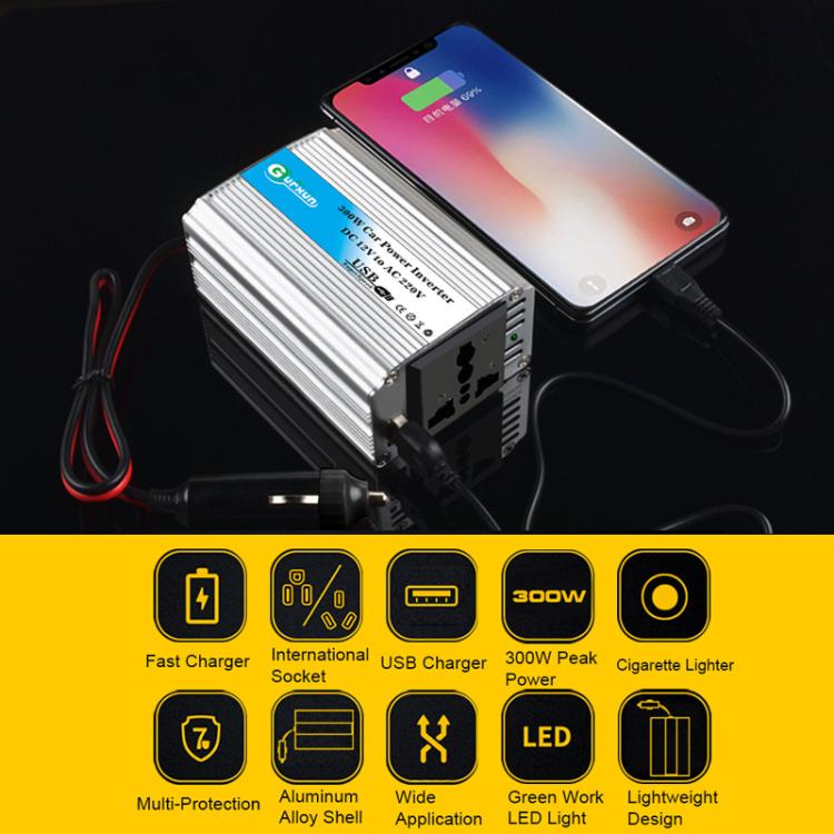 Inverter di potenza per auto Gurxun da 150 W in lega di alluminio con presa accendisigari, With Cigarette Lighter