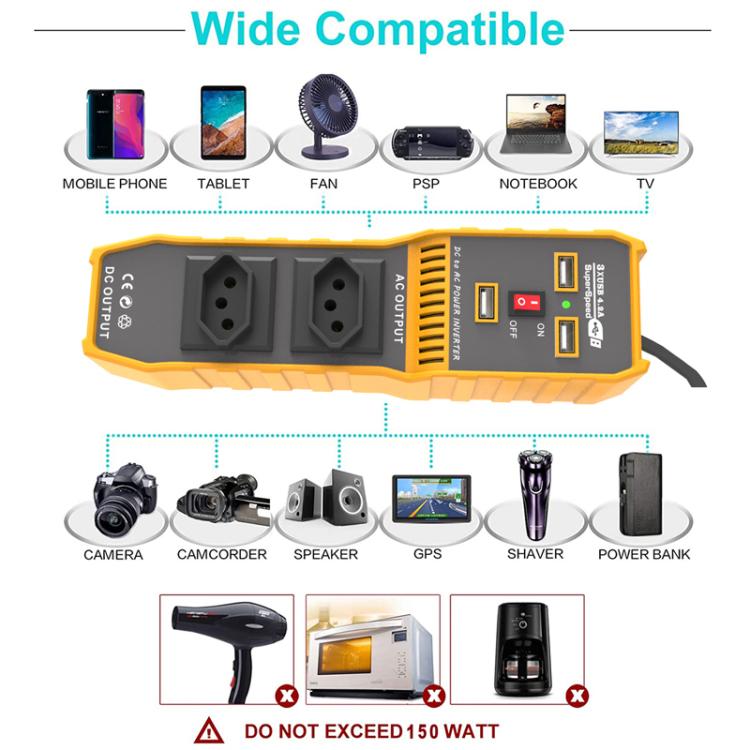 Inverter di potenza per auto con doppia presa USB e 3 porte, convertitore di potenza per veicoli, EU Plug 12V To 220V, US Plug 12V To 110V, Brazil Plug 12V To 110V, Brazil Plug 12V To 220V
