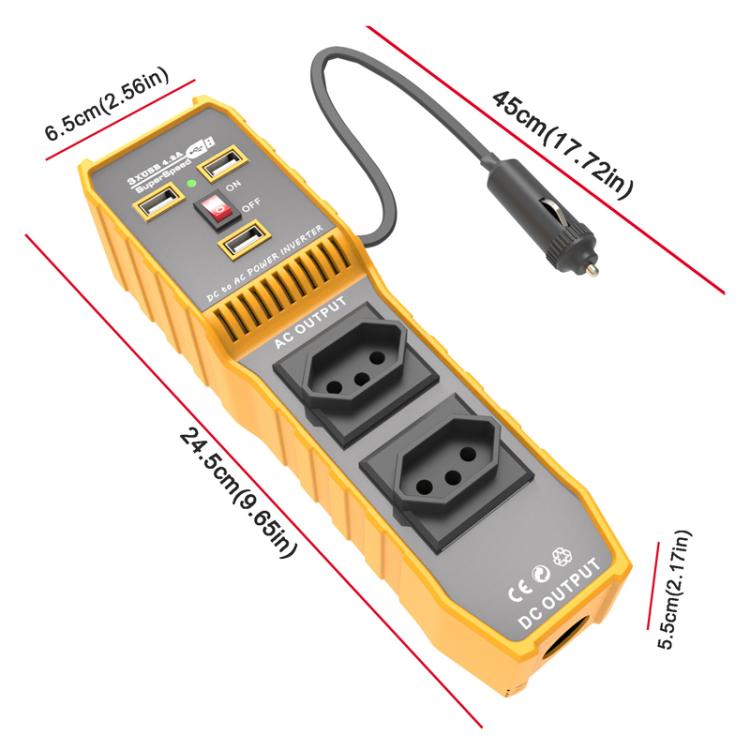 Inverter di potenza per auto con doppia presa USB e 3 porte, convertitore di potenza per veicoli, EU Plug 12V To 220V, US Plug 12V To 110V, Brazil Plug 12V To 110V, Brazil Plug 12V To 220V
