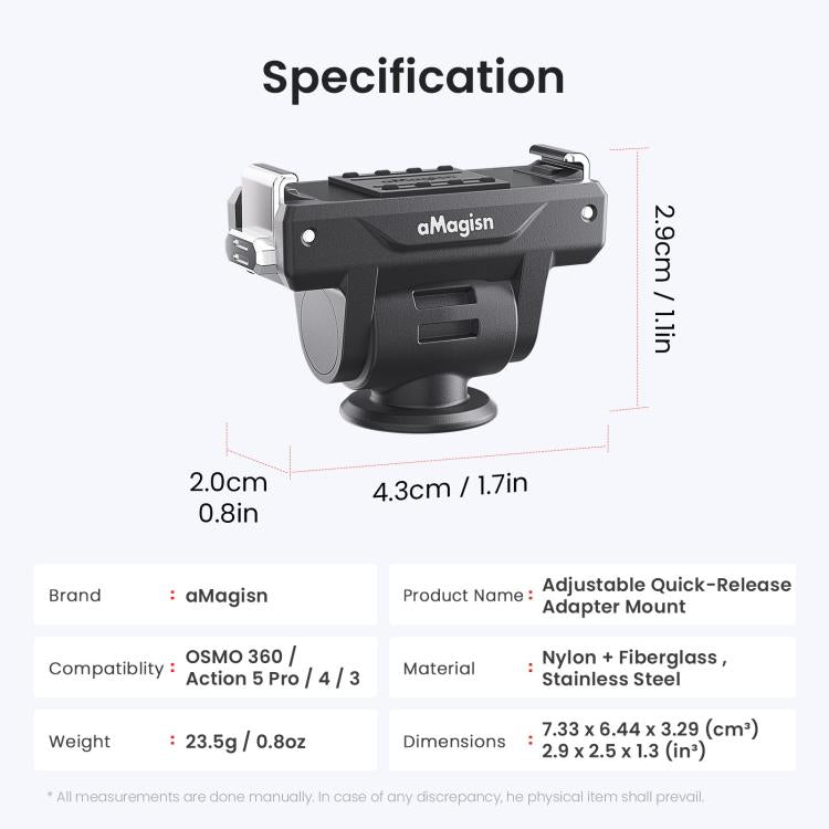 Adattatore a sgancio rapido regolabile AMagisn per DJI Osmo 360/Action 5 Pro/4/3 - Interruttore di prospettiva rapido a 4 livelli, PD15