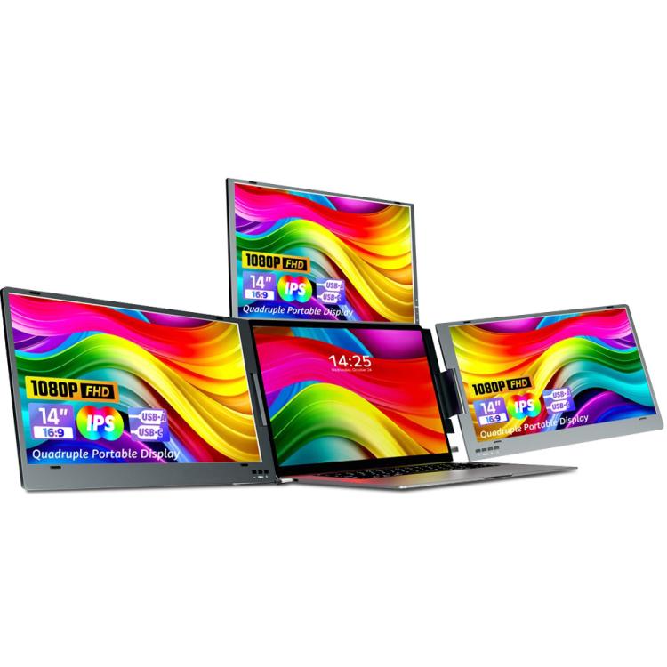 Triple-Screen One-Cable Connection 1080P Laptop Extension Display Portable Monitor, 14 inch, 15.6 inch