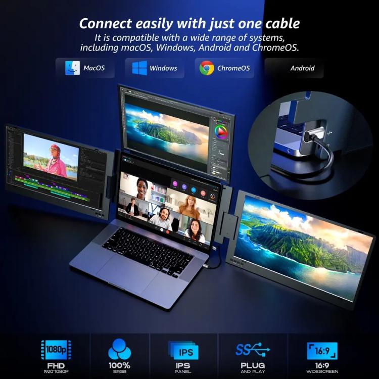 Triple-Screen One-Cable Connection 1080P Laptop Extension Display Portable Monitor, 14 inch, 15.6 inch