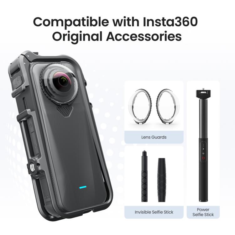 Gabbia per fotocamera Insta360 X4 Air AMagisn con telaio di espansione in plastica e schiuma antivento.