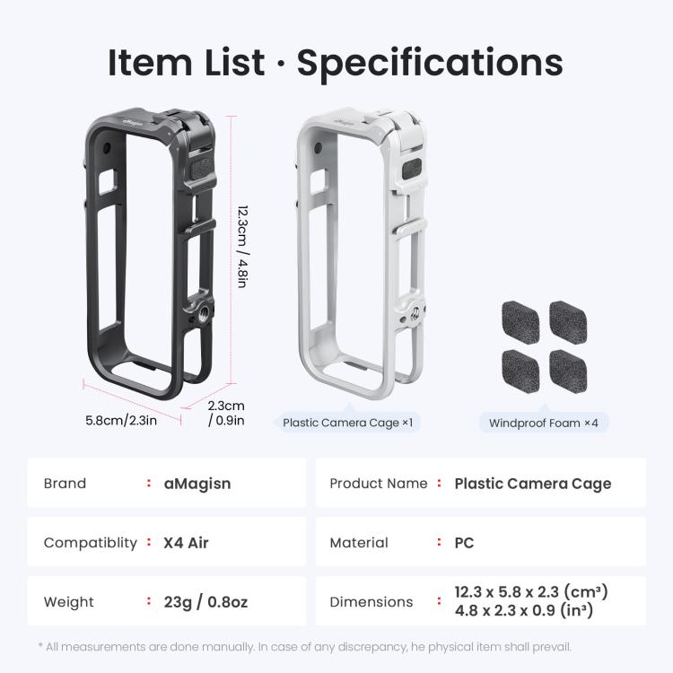 Gabbia per fotocamera Insta360 X4 Air AMagisn con telaio di espansione in plastica e schiuma antivento.