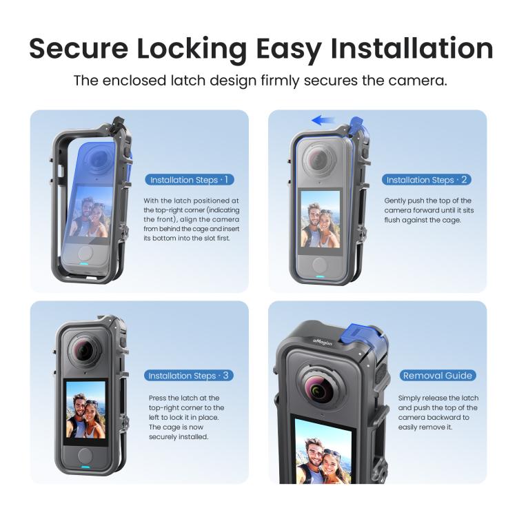 Gabbia per fotocamera Insta360 X4 Air AMagisn con telaio di espansione in plastica e schiuma antivento.
