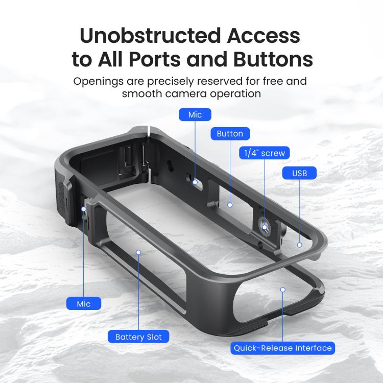 Gabbia per fotocamera Insta360 X4 Air AMagisn con telaio di espansione in plastica e schiuma antivento.