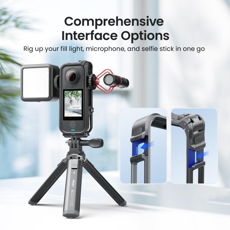Gabbia per fotocamera Insta360 X4 Air AMagisn con telaio di espansione in plastica e schiuma antivento.