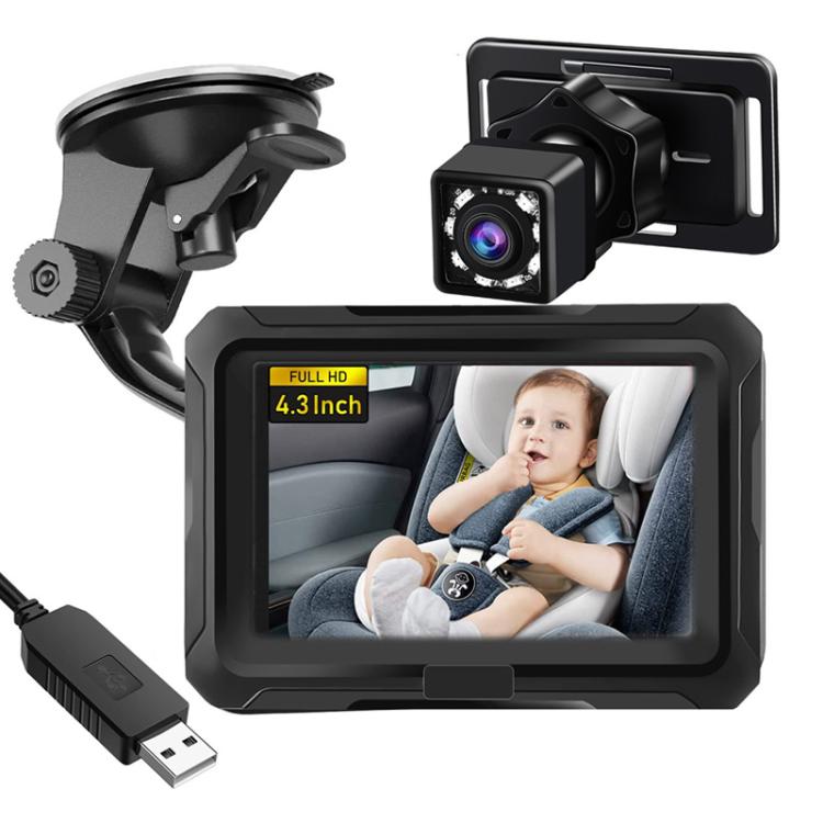 Monitor per auto per bambini da 4,3 pollici con risoluzione HD 1080p e visione notturna a infrarossi., With Cigarette Lighter, With USB