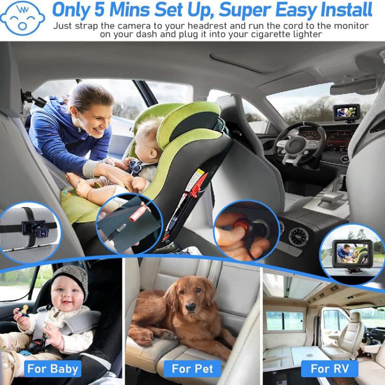Monitor per auto per bambini da 4,3 pollici con risoluzione HD 1080p e visione notturna a infrarossi., With Cigarette Lighter, With USB