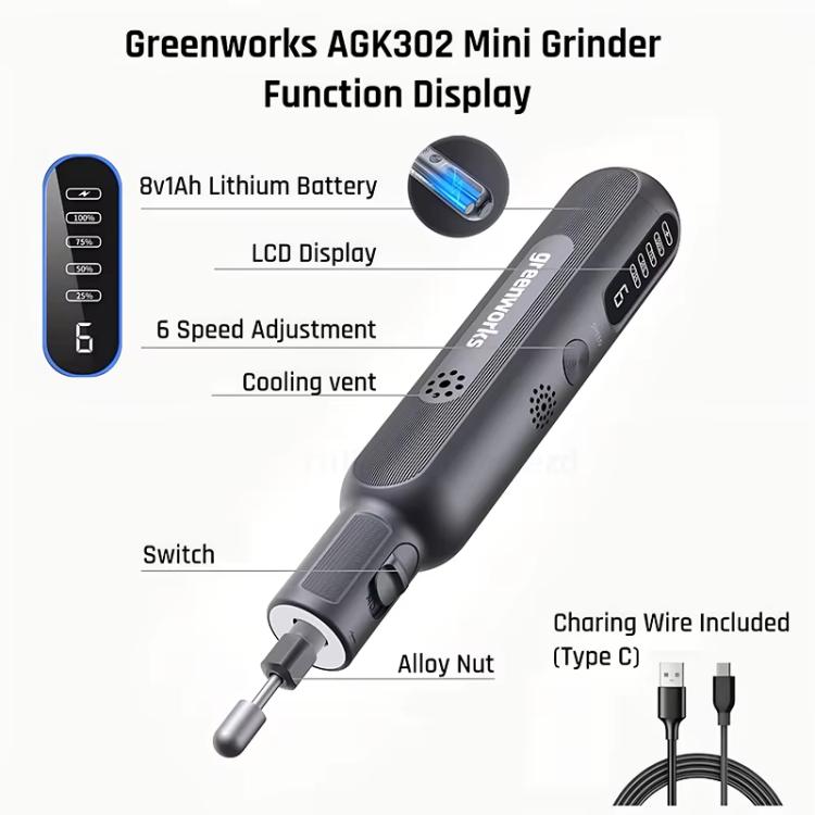 Greenworks Mini Smerigliatrice 8V, set di 52 utensili rotanti per smerigliatura, senza fili, velocità variabile, incisore wireless, AGK302