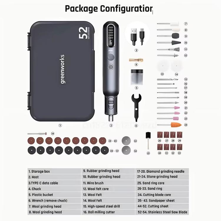 Greenworks Mini Smerigliatrice 8V, set di 52 utensili rotanti per smerigliatura, senza fili, velocità variabile, incisore wireless, AGK302