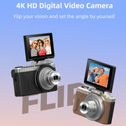 Videocamera D27 4K per vlogging, con fotocamera da 64 MP, zoom ottico 6x, schermo orientabile a 180 gradi e connettività Wi-Fi., D27 Black, D27 Brown