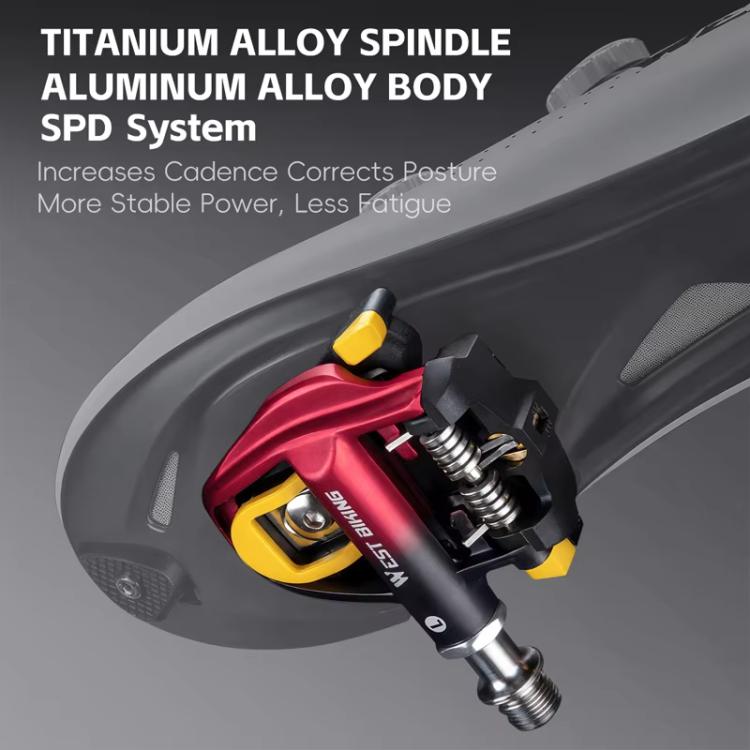 WEST BIKING Pedali a sgancio rapido leggeri compatibili con SPD per bici da strada - con tacchette e cuscinetti ad alta efficienza, Black Steel, Black Red Steel, Black Red Titanium
