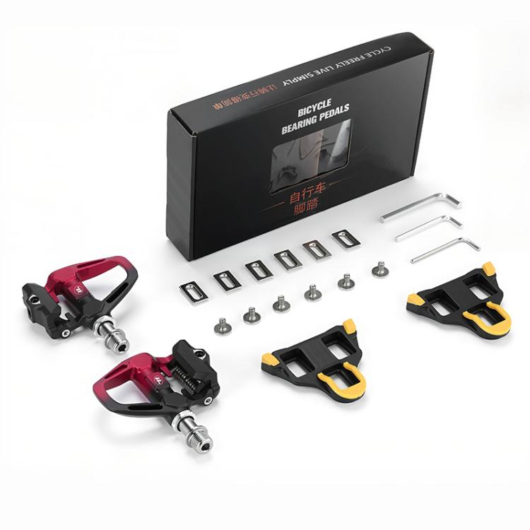 WEST BIKING Pedali a sgancio rapido leggeri compatibili con SPD per bici da strada - con tacchette e cuscinetti ad alta efficienza, Black Steel, Black Red Steel, Black Red Titanium