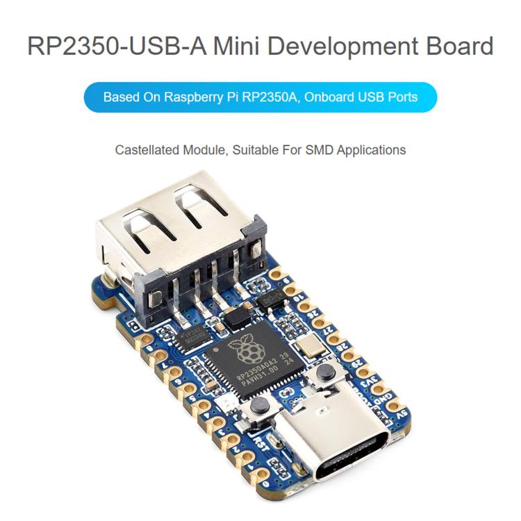 Scheda di sviluppo mini USB Waveshare 30274 RP2350A con frequenza operativa di 150 MHz, 30274