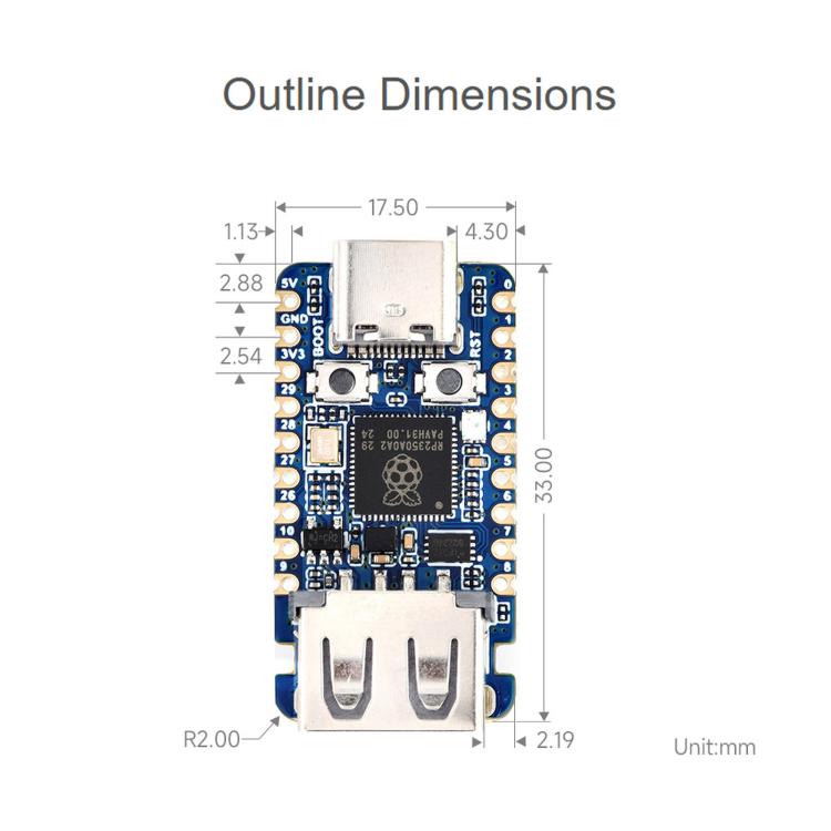 Scheda di sviluppo mini USB Waveshare 30274 RP2350A con frequenza operativa di 150 MHz, 30274