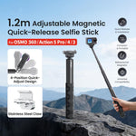 Asta per selfie a sgancio rapido da 120 cm, compatibile con DJI Osmo 360 / Action 5 Pro / Action 4 / Action 3, PD16