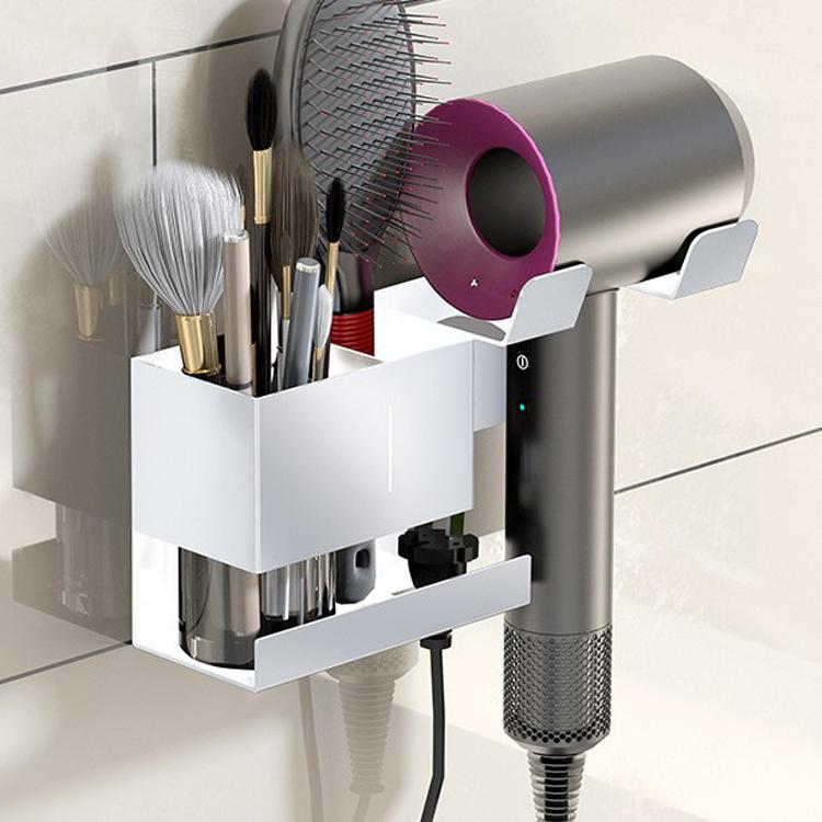 Supporto universale da parete per asciugacapelli con organizer per cavi e vano portaoggetti per strumenti per lo styling dei capelli., No-drill Black, No-drill White, Drill Black, Drill White