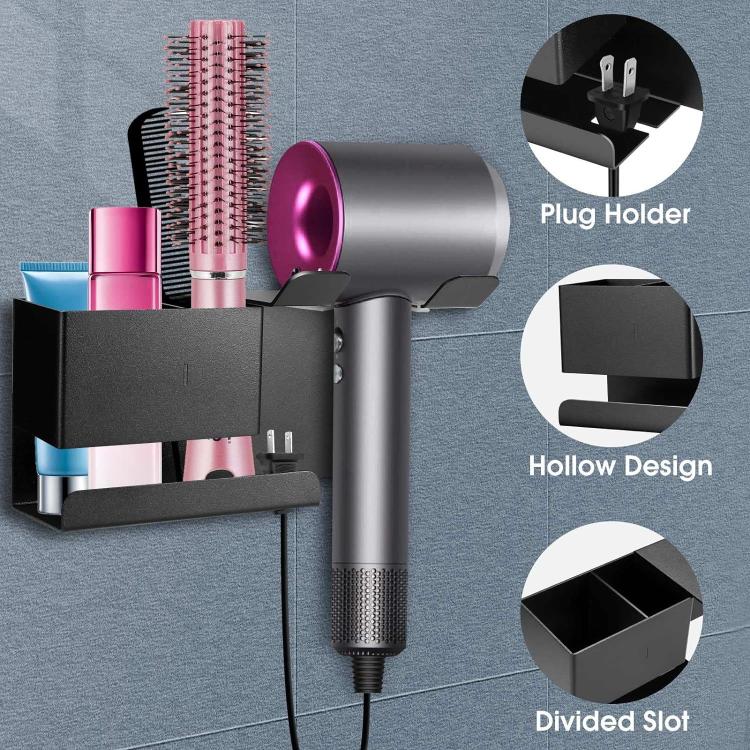 Supporto universale da parete per asciugacapelli con organizer per cavi e vano portaoggetti per strumenti per lo styling dei capelli., No-drill Black, No-drill White, Drill Black, Drill White