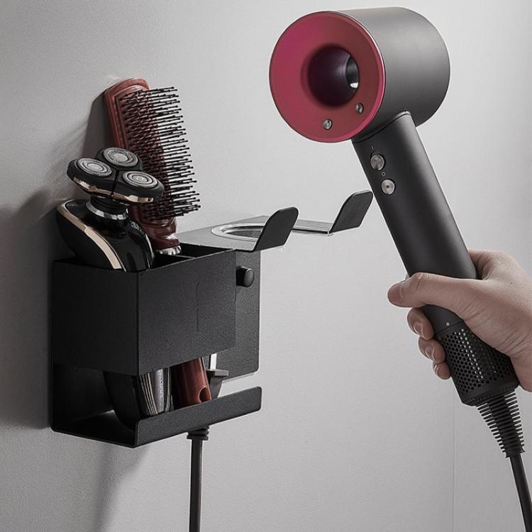 Supporto universale da parete per asciugacapelli con organizer per cavi e vano portaoggetti per strumenti per lo styling dei capelli., No-drill Black, No-drill White, Drill Black, Drill White