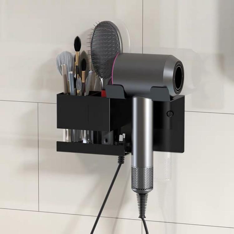 Supporto universale da parete per asciugacapelli con organizer per cavi e vano portaoggetti per strumenti per lo styling dei capelli., No-drill Black, No-drill White, Drill Black, Drill White