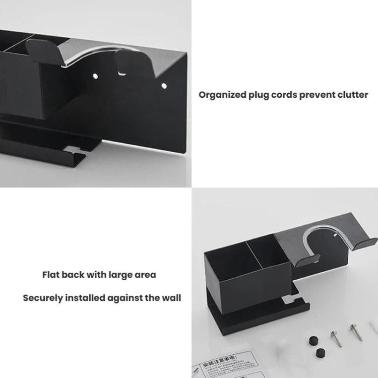 Supporto universale da parete per asciugacapelli con organizer per cavi e vano portaoggetti per strumenti per lo styling dei capelli., No-drill Black, No-drill White, Drill Black, Drill White