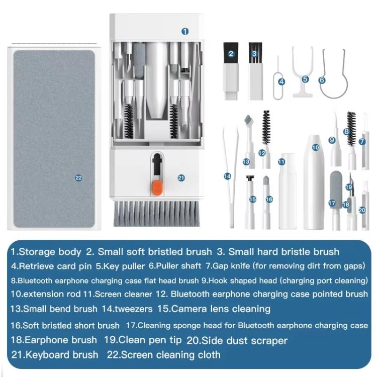 Kit di pulizia per dispositivi elettronici 22 in 1 con custodia a scomparsa, set di strumenti tutto in uno per tastiera, telefono, fotocamera, auricolari