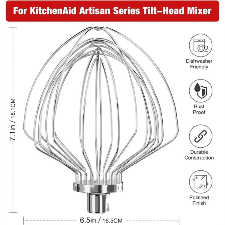 Frusta in acciaio inox a 11 fili per impastatrice KitchenAid da 7 quarti con sollevamento della ciotola.
