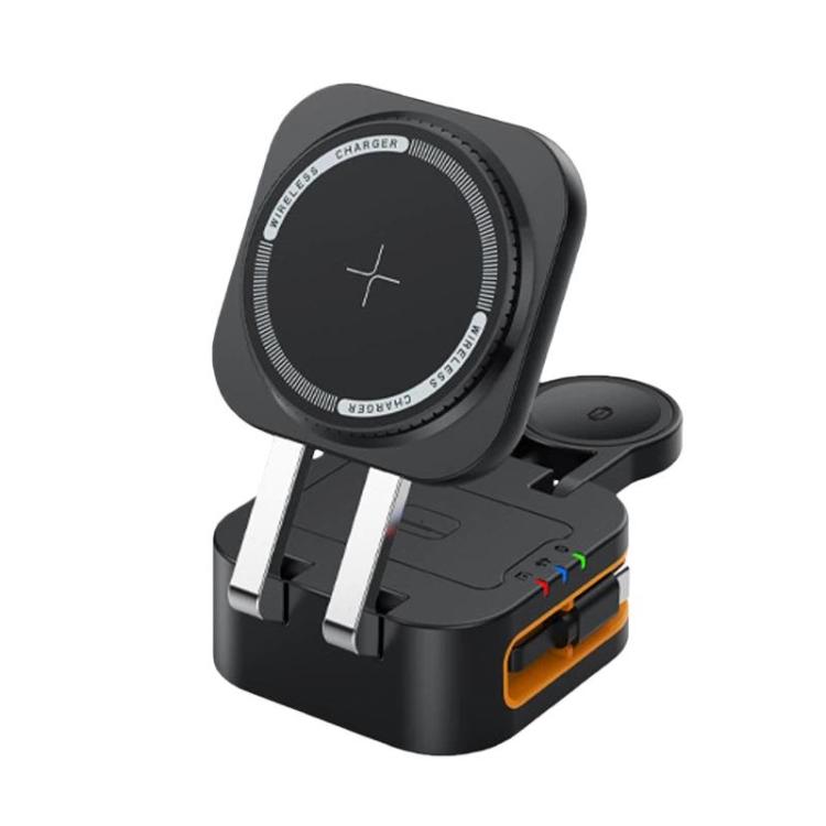 Caricabatterie wireless magnetico 3 in 1 da 15 W con cavo retrattile e supporto di ricarica da tavolo pieghevole.