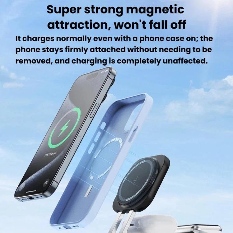 Caricabatterie wireless magnetico 3 in 1 da 15 W con cavo retrattile e supporto di ricarica da tavolo pieghevole.