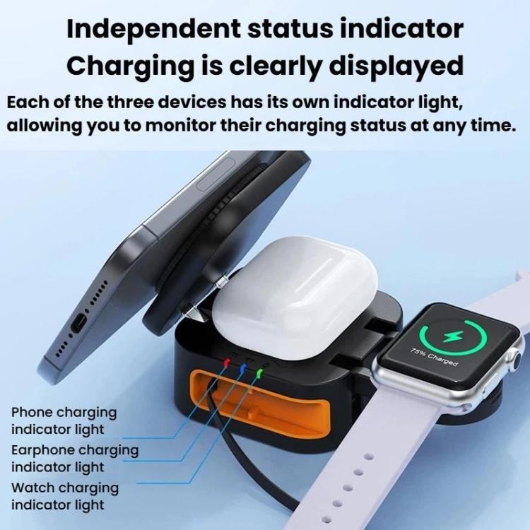 Caricabatterie wireless magnetico 3 in 1 da 15 W con cavo retrattile e supporto di ricarica da tavolo pieghevole.