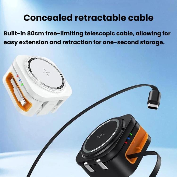 Caricabatterie wireless magnetico 3 in 1 da 15 W con cavo retrattile e supporto di ricarica da tavolo pieghevole.