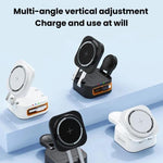 Caricabatterie wireless magnetico 3 in 1 da 15 W con cavo retrattile e supporto di ricarica da tavolo pieghevole.