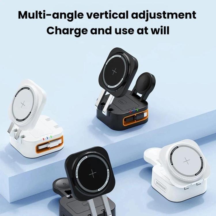 Caricabatterie wireless magnetico 3 in 1 da 15 W con cavo retrattile e supporto di ricarica da tavolo pieghevole.