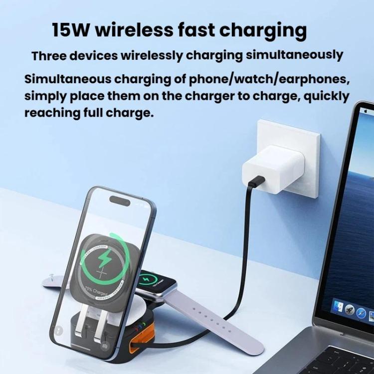Caricabatterie wireless magnetico 3 in 1 da 15 W con cavo retrattile e supporto di ricarica da tavolo pieghevole.