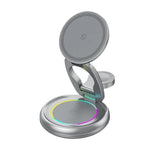 Caricabatterie wireless magnetico 3 in 1 da 15 W con luci LED colorate e supporto da tavolo girevole.