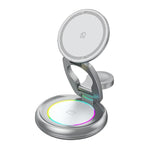 Caricabatterie wireless magnetico 3 in 1 da 15 W con luci LED colorate e supporto da tavolo girevole.