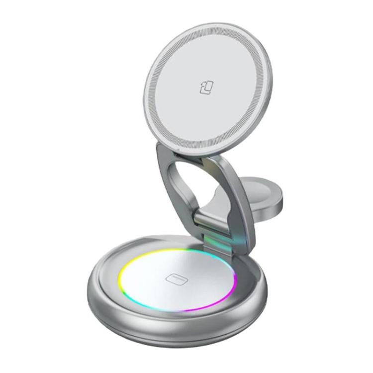 Caricabatterie wireless magnetico 3 in 1 da 15 W con luci LED colorate e supporto da tavolo girevole.